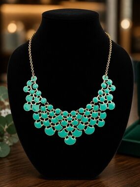 Gold-Trim Turquoise Bib Necklace - Women Jewelry